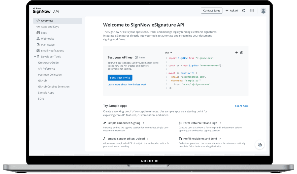 SignNow API dashboard on MacBook